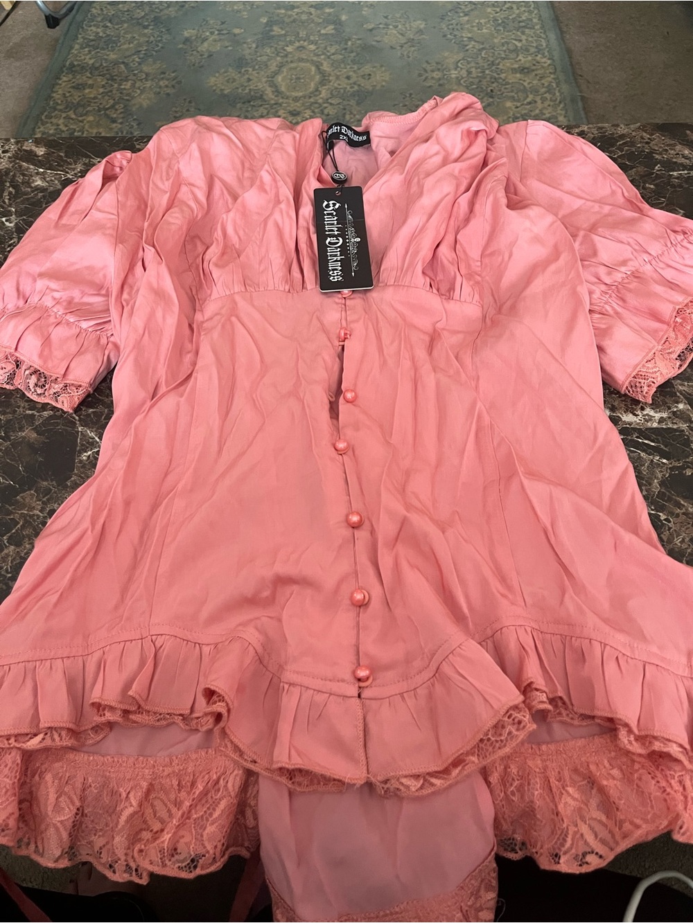 Scarlet Darkness Pink Ruffle Lace Button-Front Blouse - Picture 6 of 13